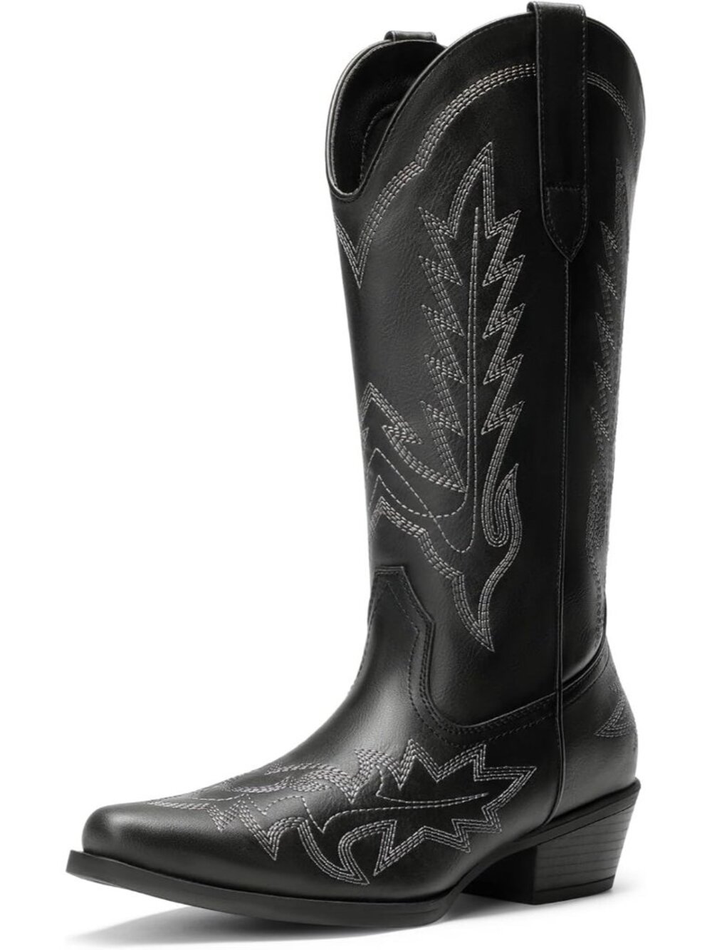Women's Black Faux Leather Pointed Toe Western Mid Calf Low Chunky Heel Boots